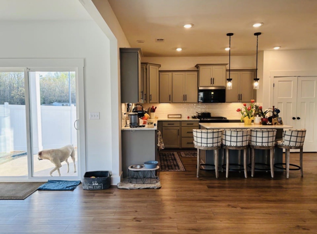 Open kitchen with a tan dog waiting outside the sliding door