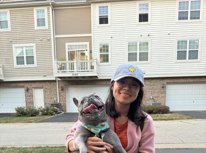 Holding a happy small gray dog outside